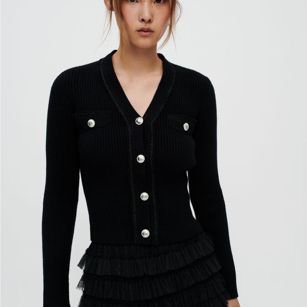 Maje Black Ribbed Cardigan with Silver Buttons - Picture 4 of 15